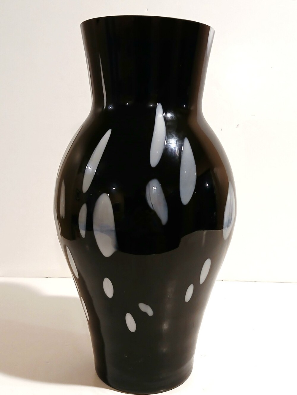 Black Blown Glass Accent Vase with White Droplet Pattern